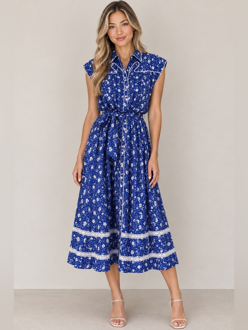 Poupette St Barth Blue Floral Midi Dress with Tie Waist Size Small